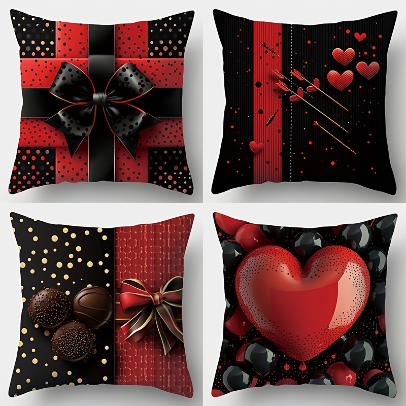 

Valentine's Day 4pcs Heart & Chocolate Pattern Pillowcase Set, 17.72" Square, Machine Washable With Zipper Closure - Living Room Decor (no Insert), Gift Box Bow, Comfortable To , Any Room Decoration