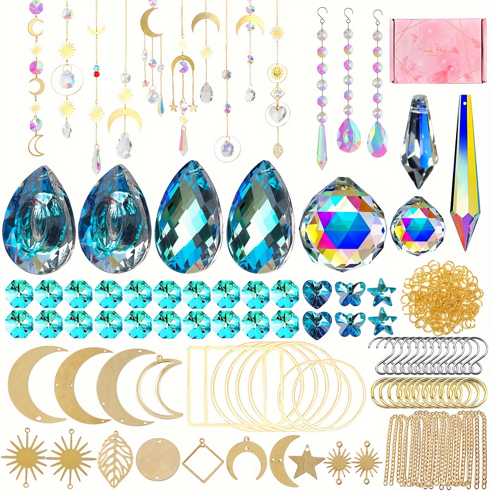 

358-piece Suncatcher Kit With Glass Crystals & Metal Accessories, Golden Hanging Chandelier Prisms, Rainbow Maker Pendants For Diy Suncatcher Beads, Home & Garden Window Decor