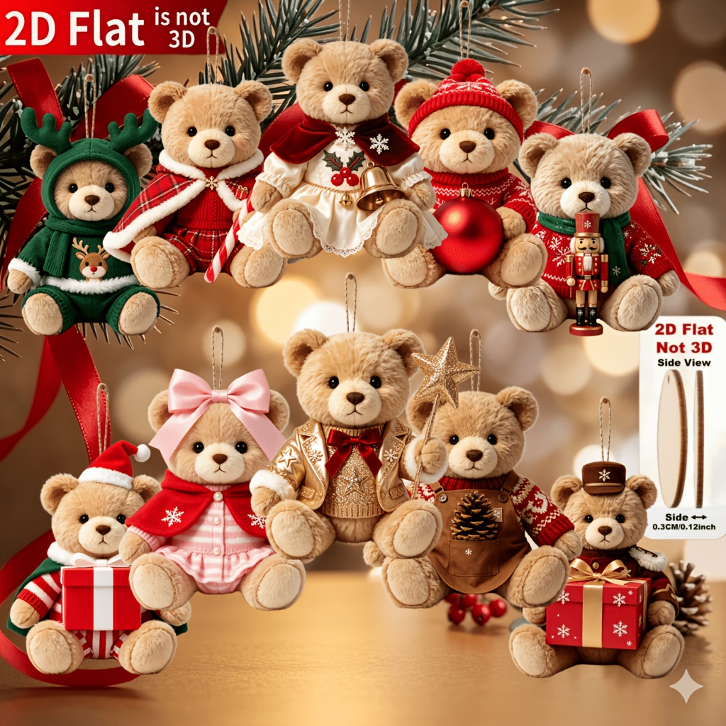 TEMU Piatto 2D, [Piatto 2D] Set di 10 ornamenti natalizi da appendere in legno a forma di orsacchiotto, Set di decorazioni natalizie da appendere,