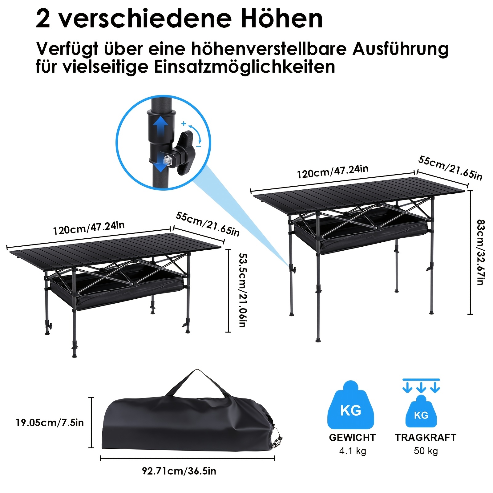 Portable Folding Camping Table With Mesh Storage Bag And Carry Bag, Height Adjustable, Lightweight And Practical, Ideal For Picnics, Barbecues, Beach, Garden, And Camping