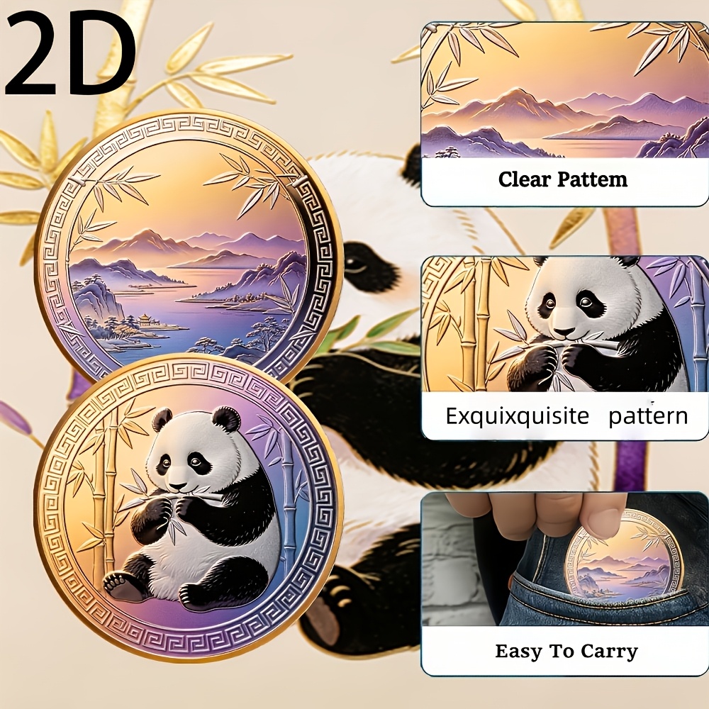 TEMU Pièce commémorative 2D avec un dégradé de couleurs violet-doré. Avec ses thèmes d'un panda mangeant du bambou et d'un paysage oriental, jeton