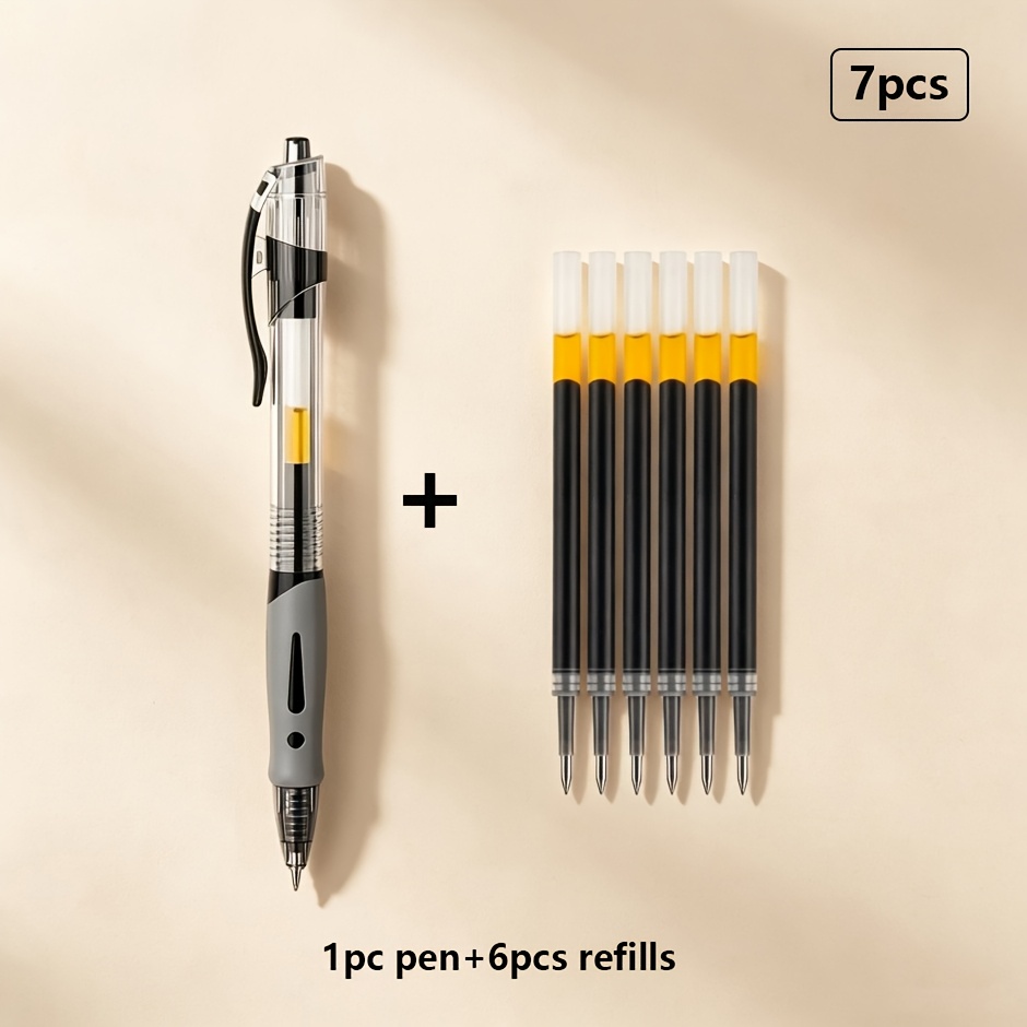 TEMU Lot de 7 stylos à bille noirs à , encre à séchage rapide 0,5 mm, 1 stylo + 6 recharges, fluide et à encre continue, pour , examens, documents de
