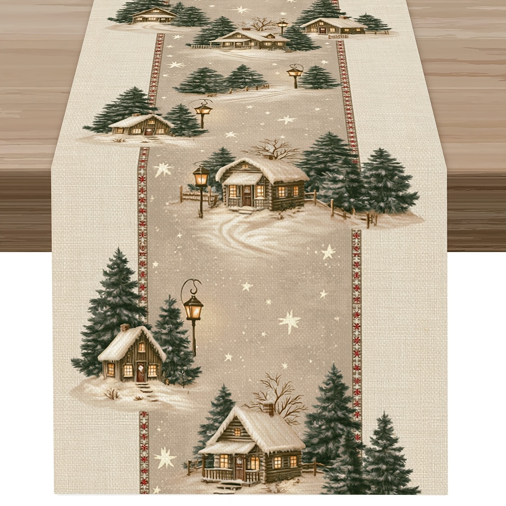 TEMU Chemin de table imprimé 1 pièce, paysage enneigé serein avec église, village et forêt de pins, style scène de neige onirique, nouveau chemin de