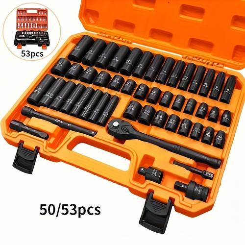 53 46pcs of cr v impact sleeve set 3 8 inch drive hexagonal design sae 5 16 to 3 4 inches metric 8 to 22 mm including ratchet handle extension rod and gloves