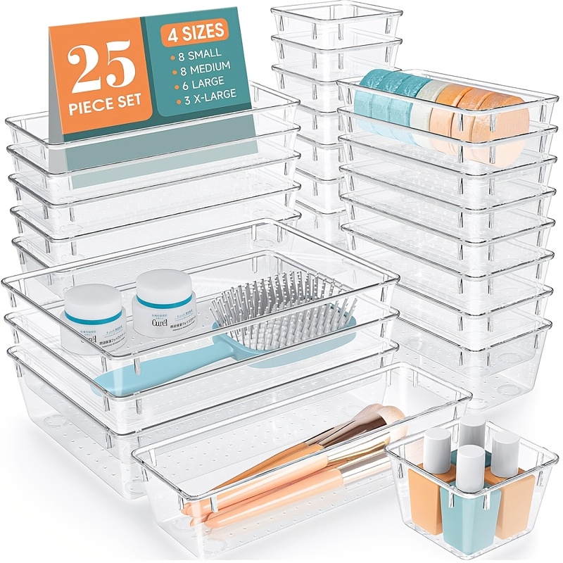 

25pcs Clear Plastic Drawer Organizer Set, Lightweight Multifunctional Storage Bins For Bathroom, Dressing Table, Cosmetics, Jewelry, Bedroom, Office, Bathroom Organizers And Storage