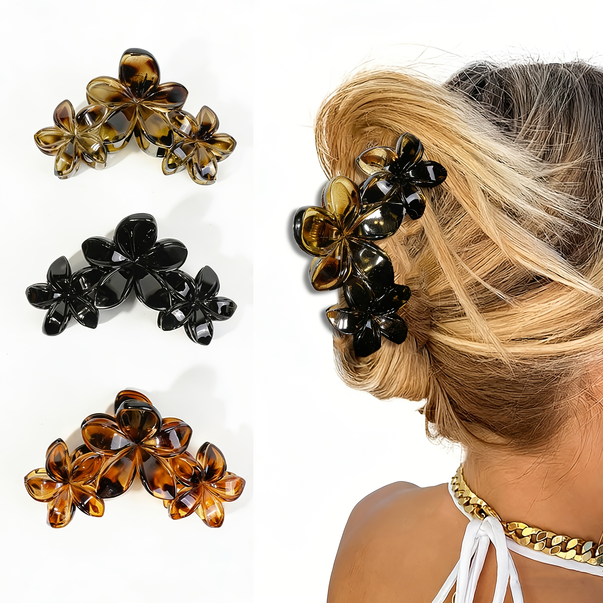 TEMU 3 pinzas para el cabello con diseño de flores antideslizantes, pinzas para el cabello con estampado de leopardo, aptas para mujeres y pinzas