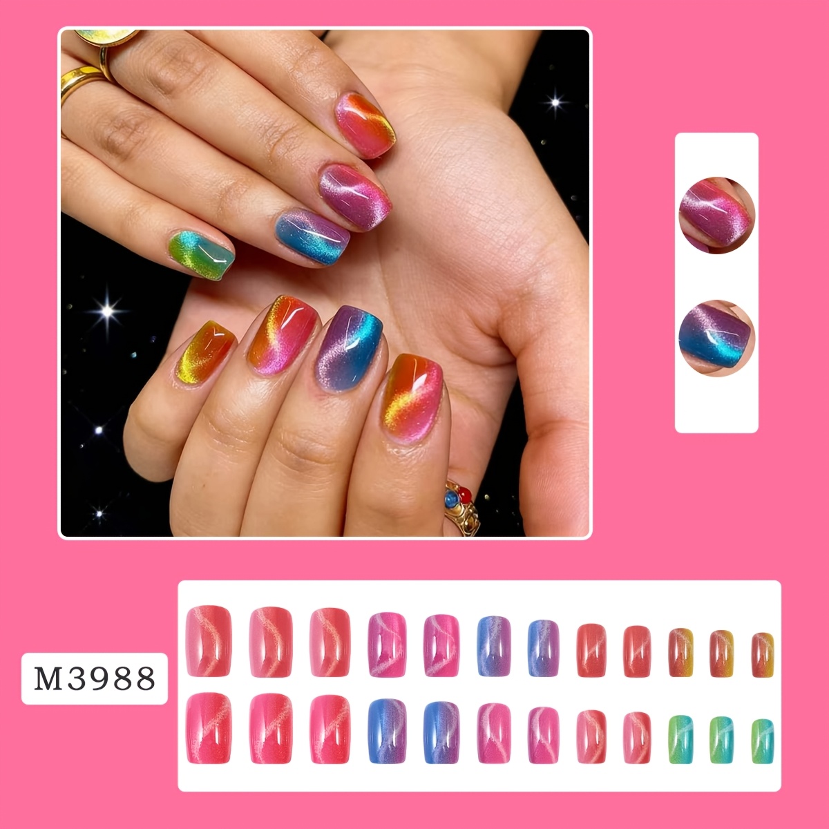 TEMU 24pcs Faux Ongles Œil de Chat Dégradé Coloré, Courts Carrés Brillants à Presser, Ongles Aurora Scintillants Réutilisables pour Soirée & Usage