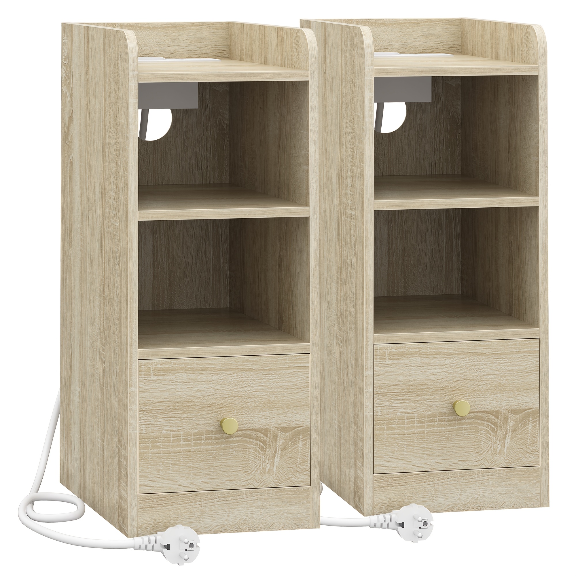 Set Of 2 Narrow Bedside Tables Featuring Charging Capabilities, Equipped With Usb And Type C Ports, Of Storage And 1 Drawer, Suitable For The Bedroom Or Living Room, In Oak End