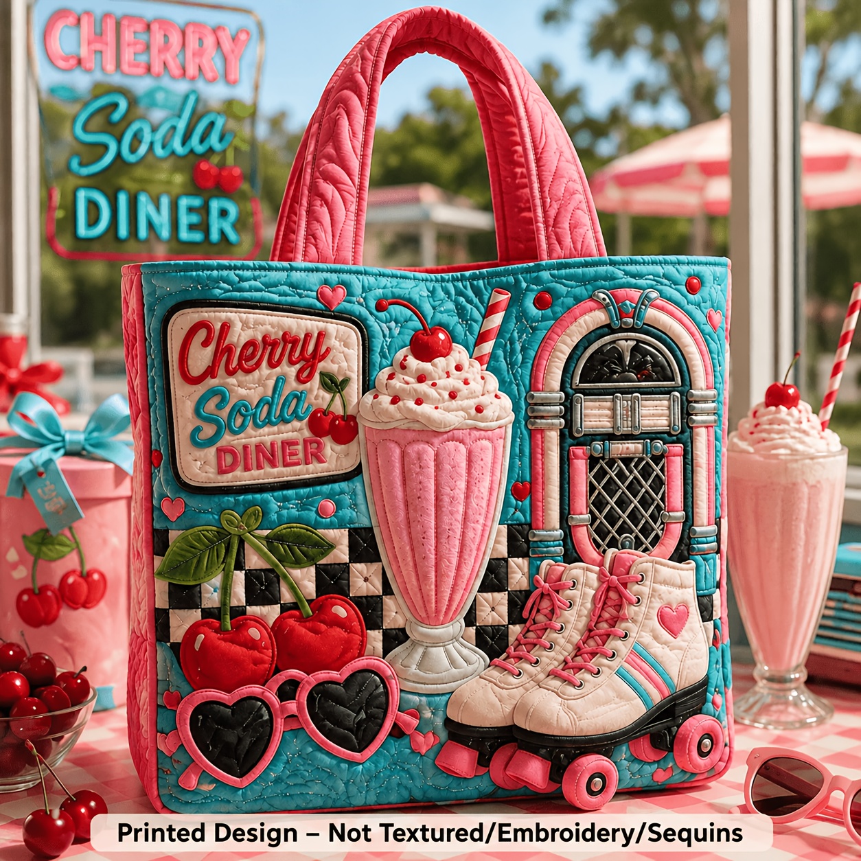 TEMU Women's Soda Diner Quilted Tote Bag - Print Large Capacity Zipper Handbag For Travel, Shopping, Casual Styling And Daily Use