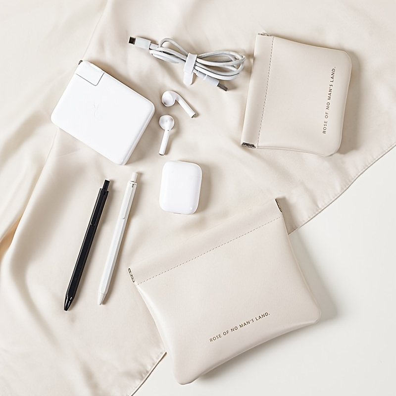 1pc Automatic Closure Portable Organizer Pouch - Premium Synthetic Leather Travel Case for Lipstick, Earphones, Cables & Keys - Lightweight Compact Design in Caramel/Milk White/Black, Pouch Bag, Everyday Convenience, Sophisticated Accessory, Quality Craftsmanship