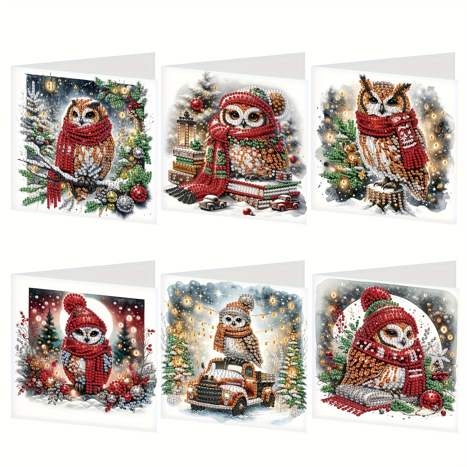 TEMU Een set van 6 kerstthema Uil Diamant Schilderen Wenskaarten, met onregelmatig gevormde diamantkunst, perfect voor knutselprojecten voor familie