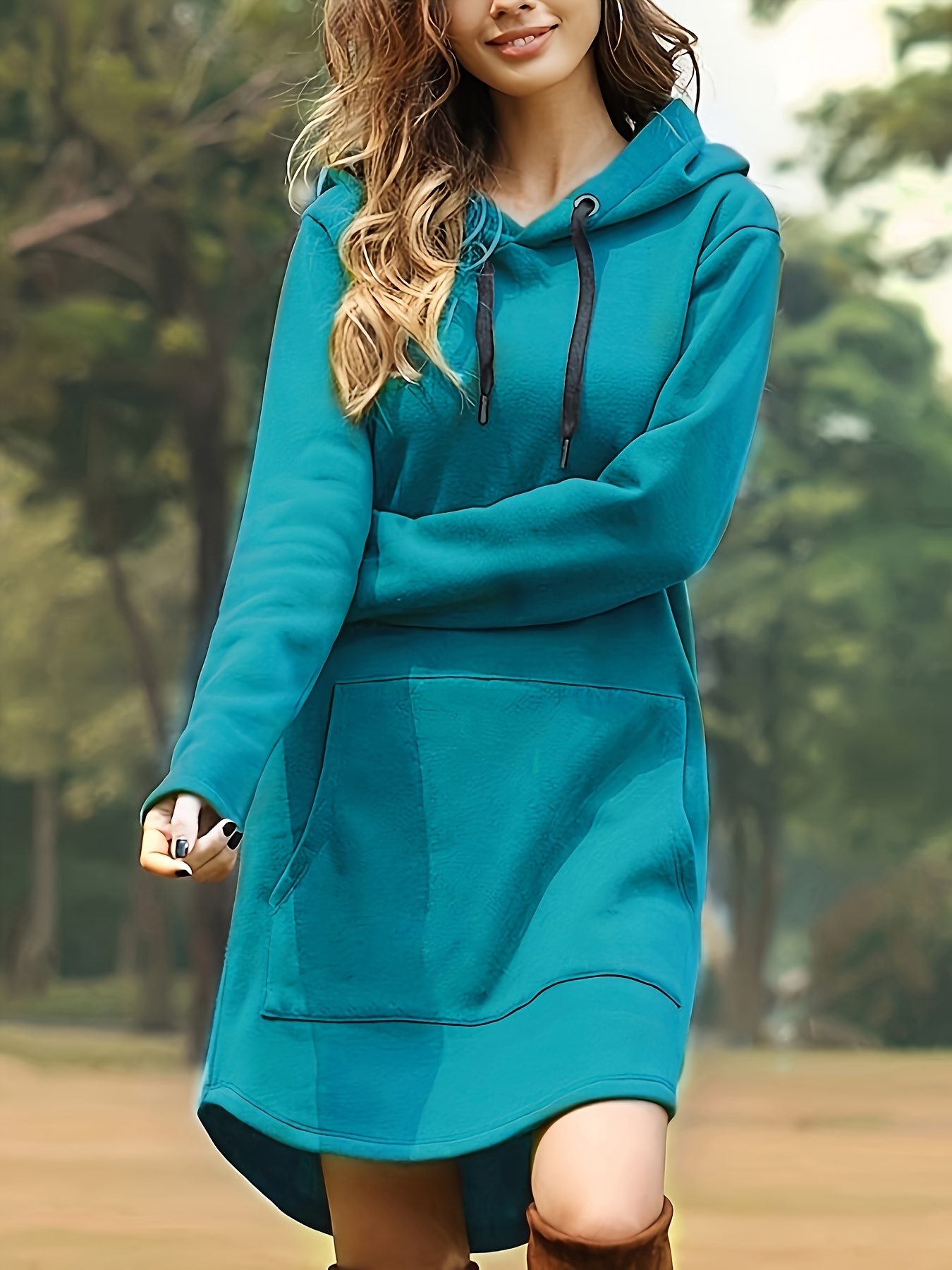 Fleece Dress with Hood & Fancy Details for Girls - green, Girls