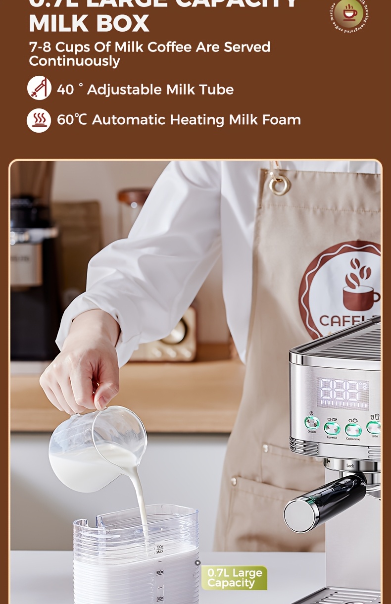 CAFELFFE Semi-Automatic Espresso Machine MK801 with Automatic Milk Frothing System, One-Touch Operation for Espresso, Latte & Cappuccino, 20BAR High Pressure, 1.3L Water Tank & 0.7L Milk Tank, Self-Cleaning Function, 1350W Power, 220-240V, Italian Semi-Automatic Coffee Maker with Digital Display & Temperature Control, Compact Design for Home & Office Use, Ideal for Coffee Lovers & Small Businesses, Cappuccino Machine, Latte Brewing, Modern Espresso, Sleek Coffee Maker, Durable, Coffee