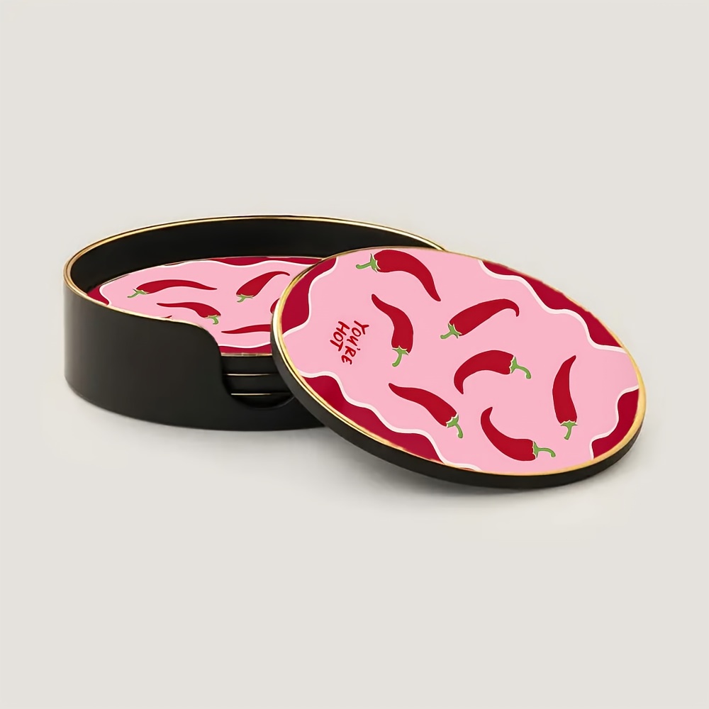 TEMU Ensemble de 4 sous-verres en verre avec motif de piments sur fond rouge, conçus pour protéger les tout en ajoutant un touché décoratif à . Idéal