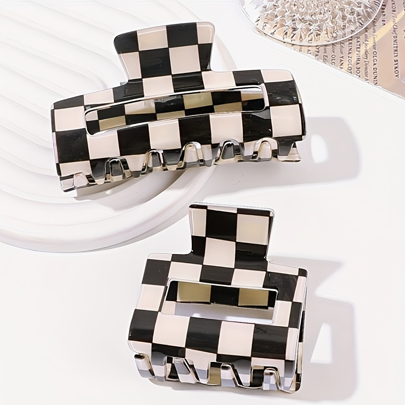 TEMU 2pcs Of Checkered Hair Clips For Women, Perfect For Spring And Summer. Retro And Minimalist Acrylic Hair Additions Are Suitable For Vacations,