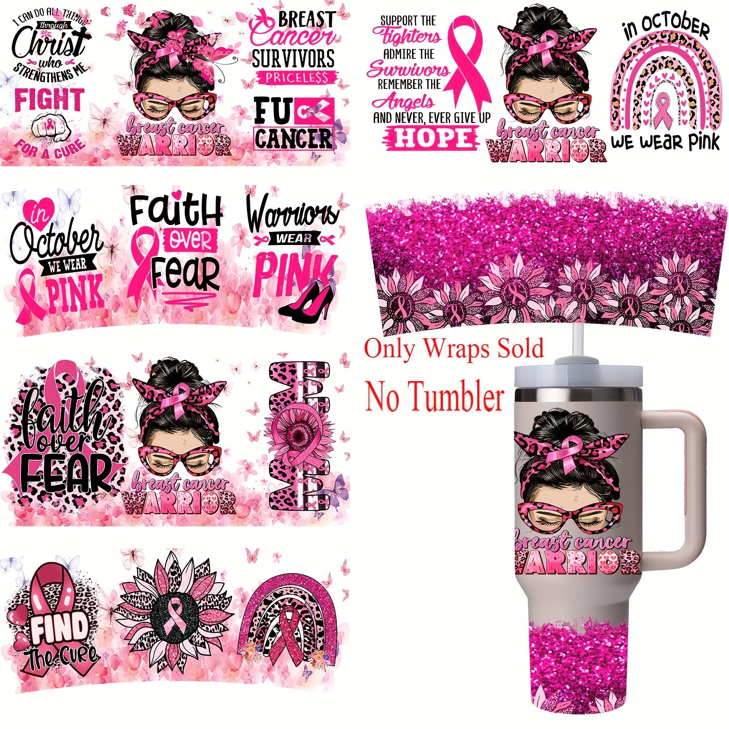 

3-pack Breast Cancer Awareness Pvc Tumbler Wraps, Waterproof Diy 40oz Crystal Cup Decals, Uv Printed, Support Ribbon & Inspirational Quotes Design