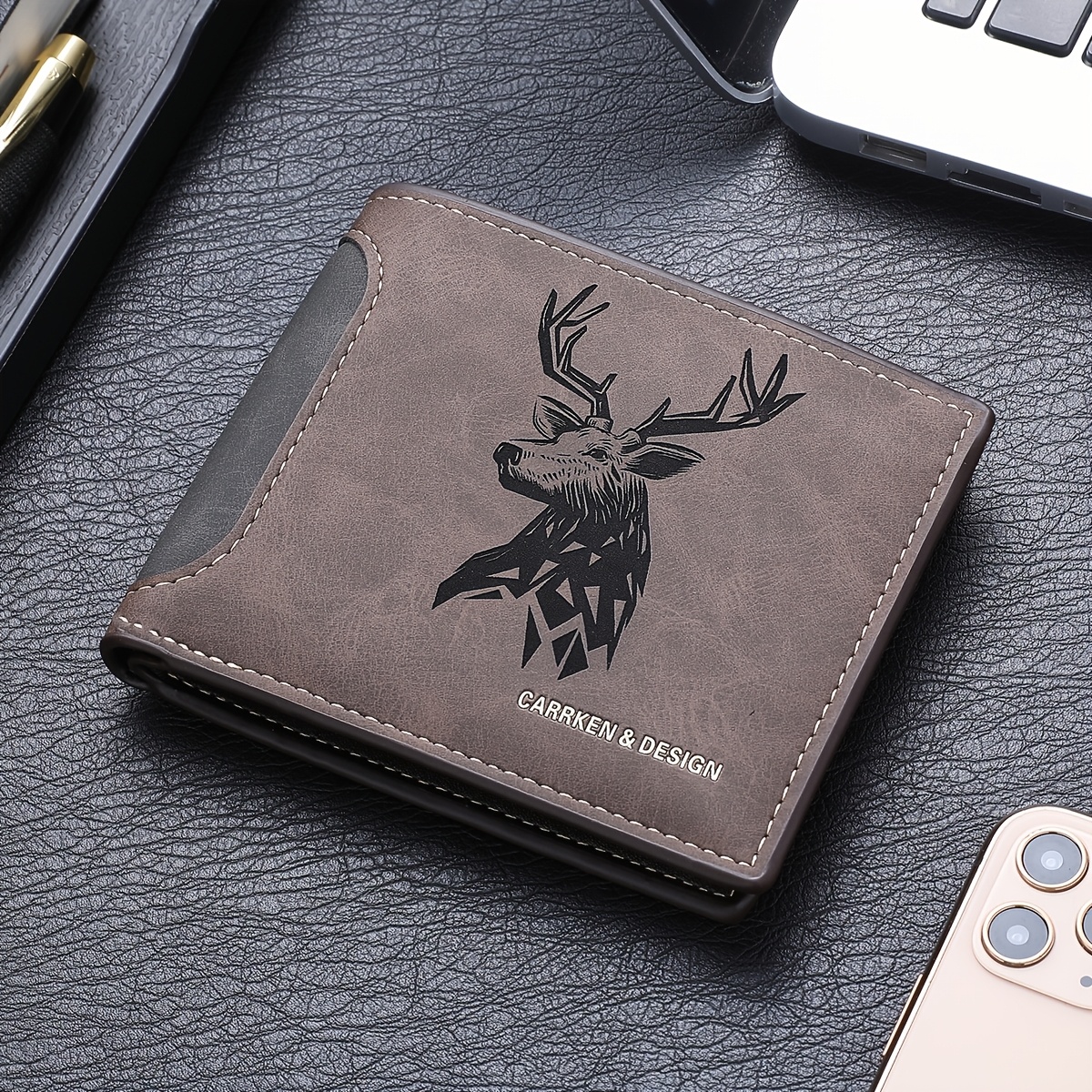 Image of 4-color Deer Head Pattern Vintage Men's Wallet, Bifold Multi-card Slot Spliced Color-block Credit Card And Id Holder, Valentine's Day Gift, Father's Day Gift, Birthday Gift