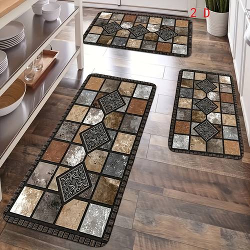 2d 3pcs kitchen mat set classic geometric stone mat retro style mat farmhouse kitchen decoration soft and comfortable suitable for bedroom living room dining room kitchen bathroom gift for friend kitchen accessorie fathers day gift