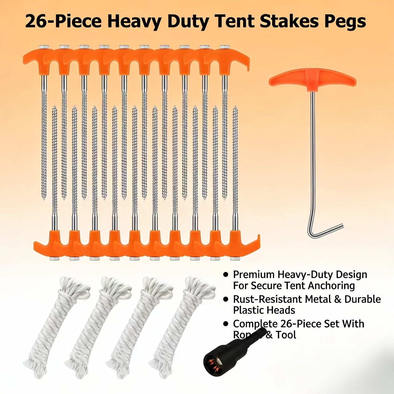 TEMU 20 Pack/ 8-inch Heavy Duty Tent Stakes Awning Pegs Camping Stakes With 4 X 13ft Rope And 1 Stopper T Pull Hook And 1 Flashlight. A Total Of 26