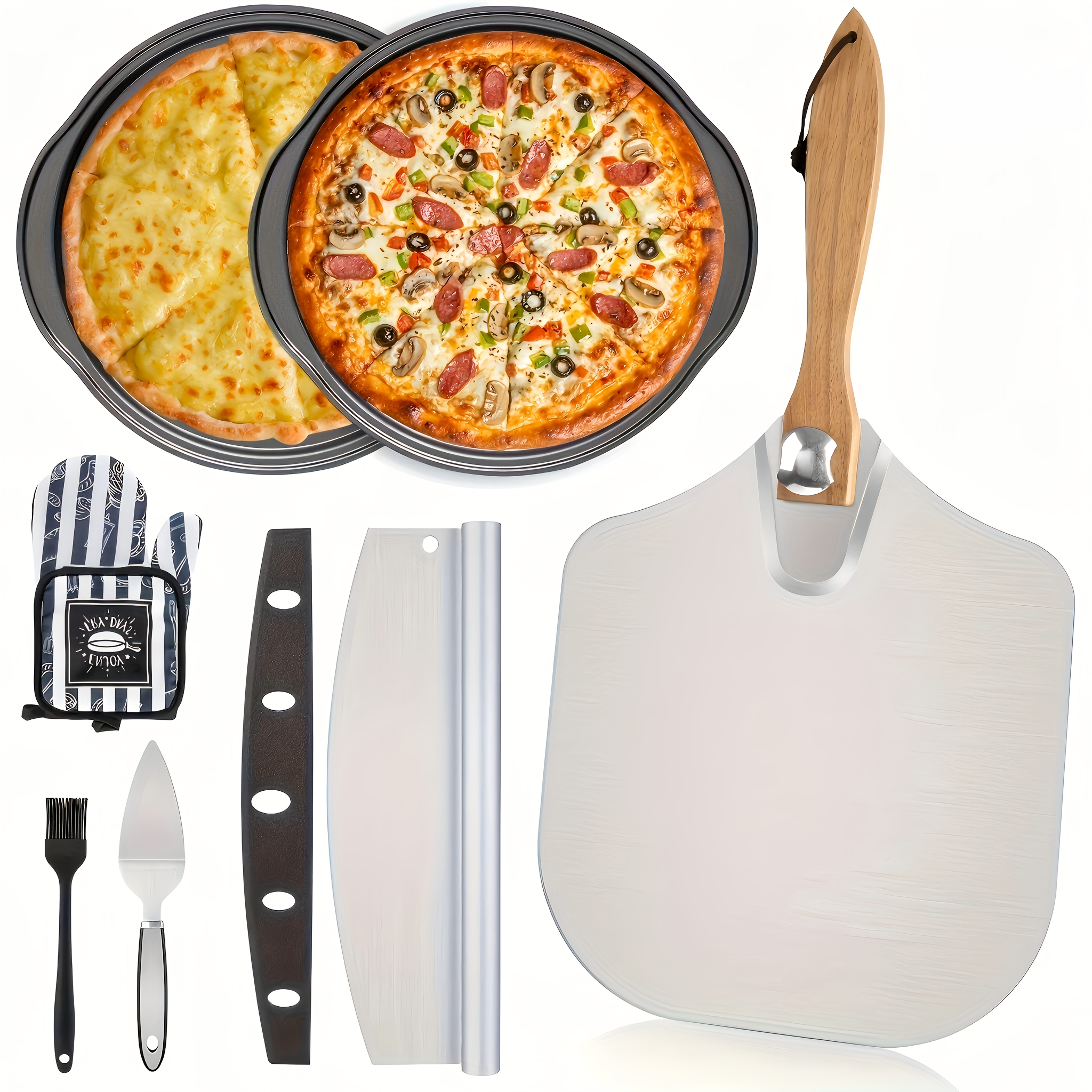 TEMU 7pcs , Professional Set Of Large Pizza Stones For Oven And Barbecue, With Heat-resistant Gloves, Oil Brush, Shovel, Pizza Knife, Heat-resistant And Shockproof
