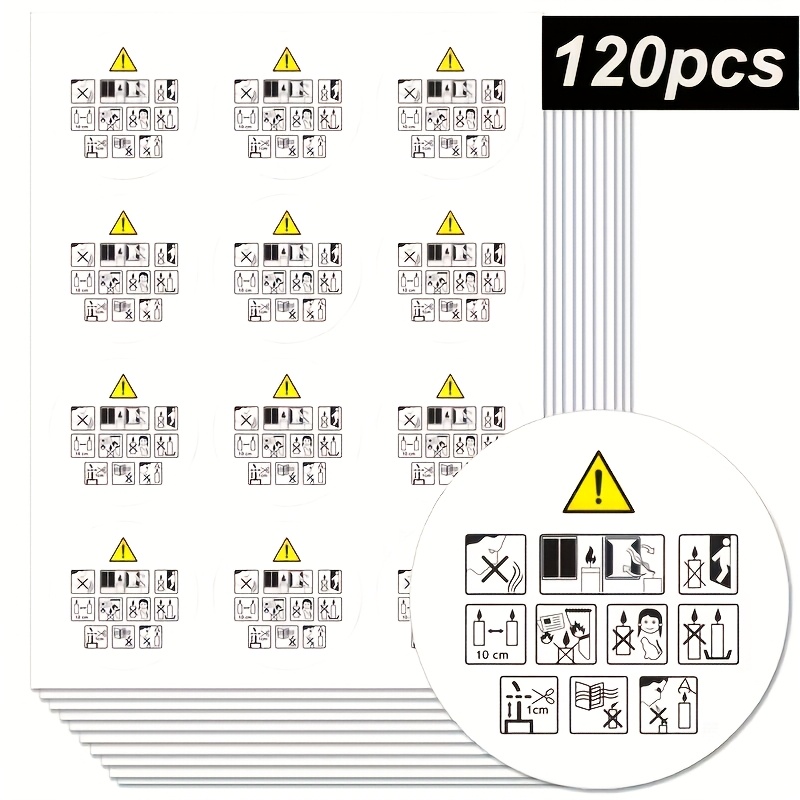 TEMU 120 pegatinas de advertencia para velas blancas, pegatinas de etiquetas para velas hechas a DIY, pegatinas de etiquetas para uso seguro de velas