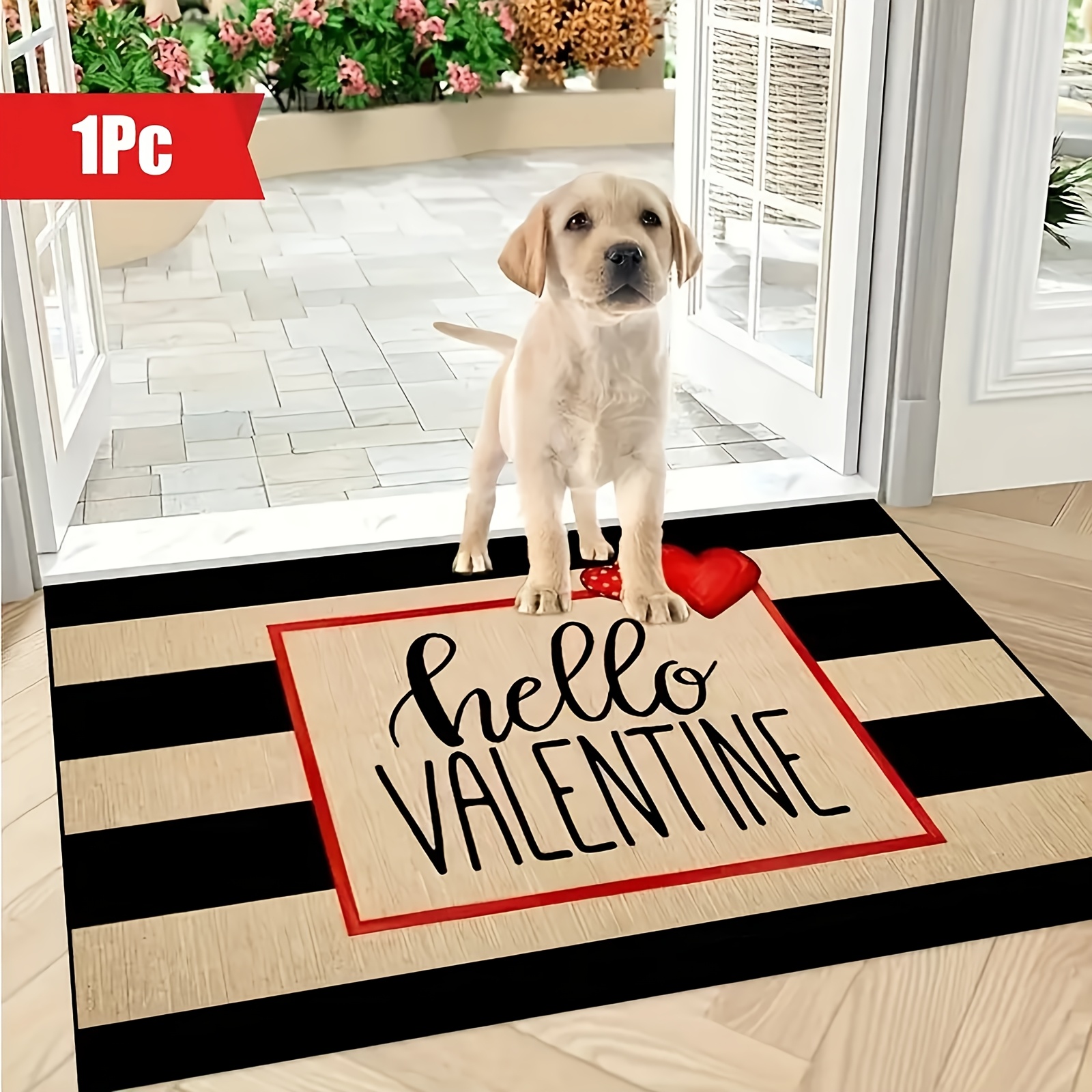 

1pc Valentine's Day Striped Area Rug, Velvet Texture, Machine Washable Mat With Red Heart Print, Polyester 100%, Rectangle, Bedroom Living Room Decor Accessory