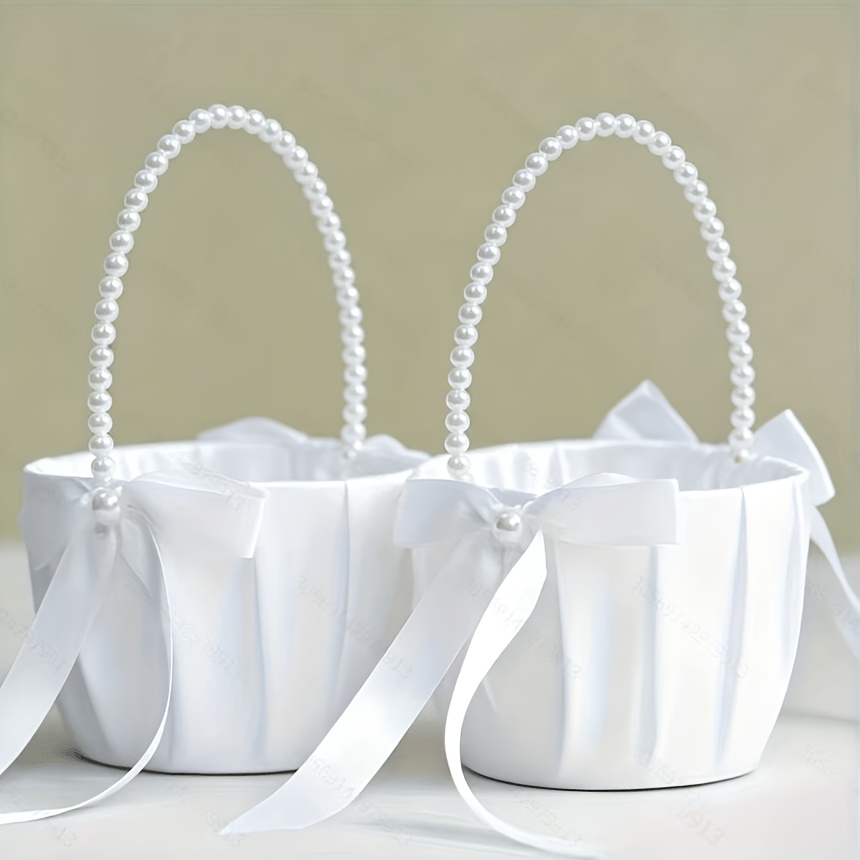 TEMU 2pcs Wedding Basket Set, Satin Bow - White Small Baskets For Halloween, Christmas Activities, And Party Supplies, Suitable For Halloween,