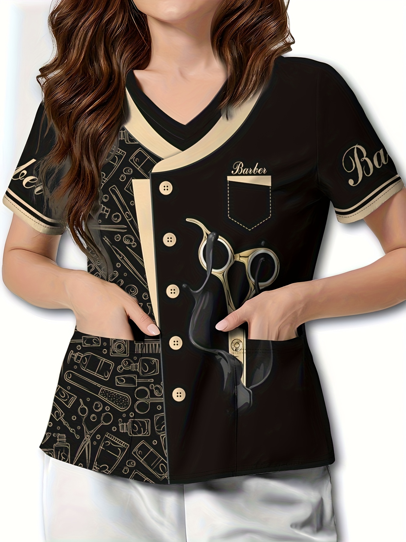 Uniforme de profesional para mujeres Ropa de para salones y  peluquería de mascotas, con diseño de tijeras, negro y dorado,