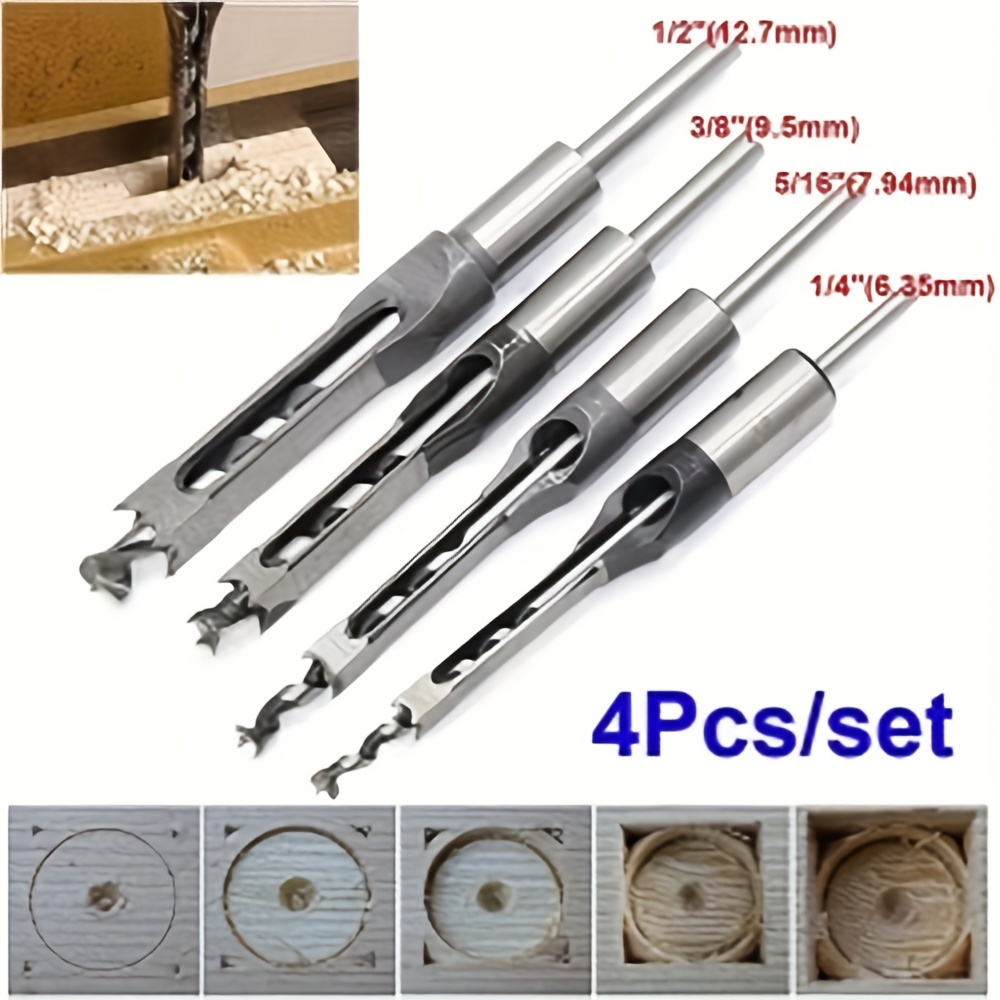 

4 Pc Square Auger Drill Bit Cut Mortising Chisel Woodworking Tool Set