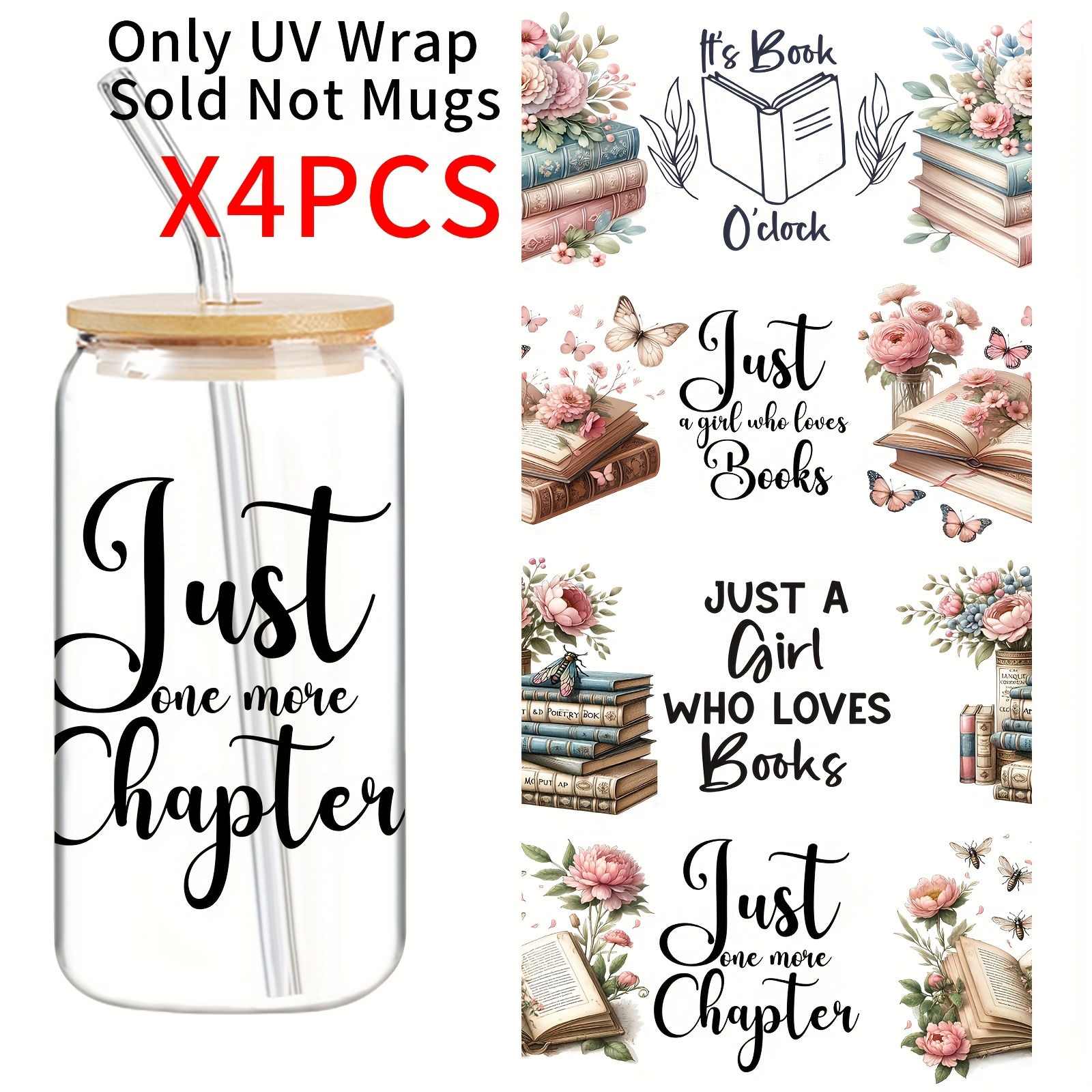 TEMU 4/set Uv Dtf, Suitable For People Who Love Books And Flowers, Appropriate For Glass Cups, High Quality Stickers, Glass Decals, Plastic Adhesive