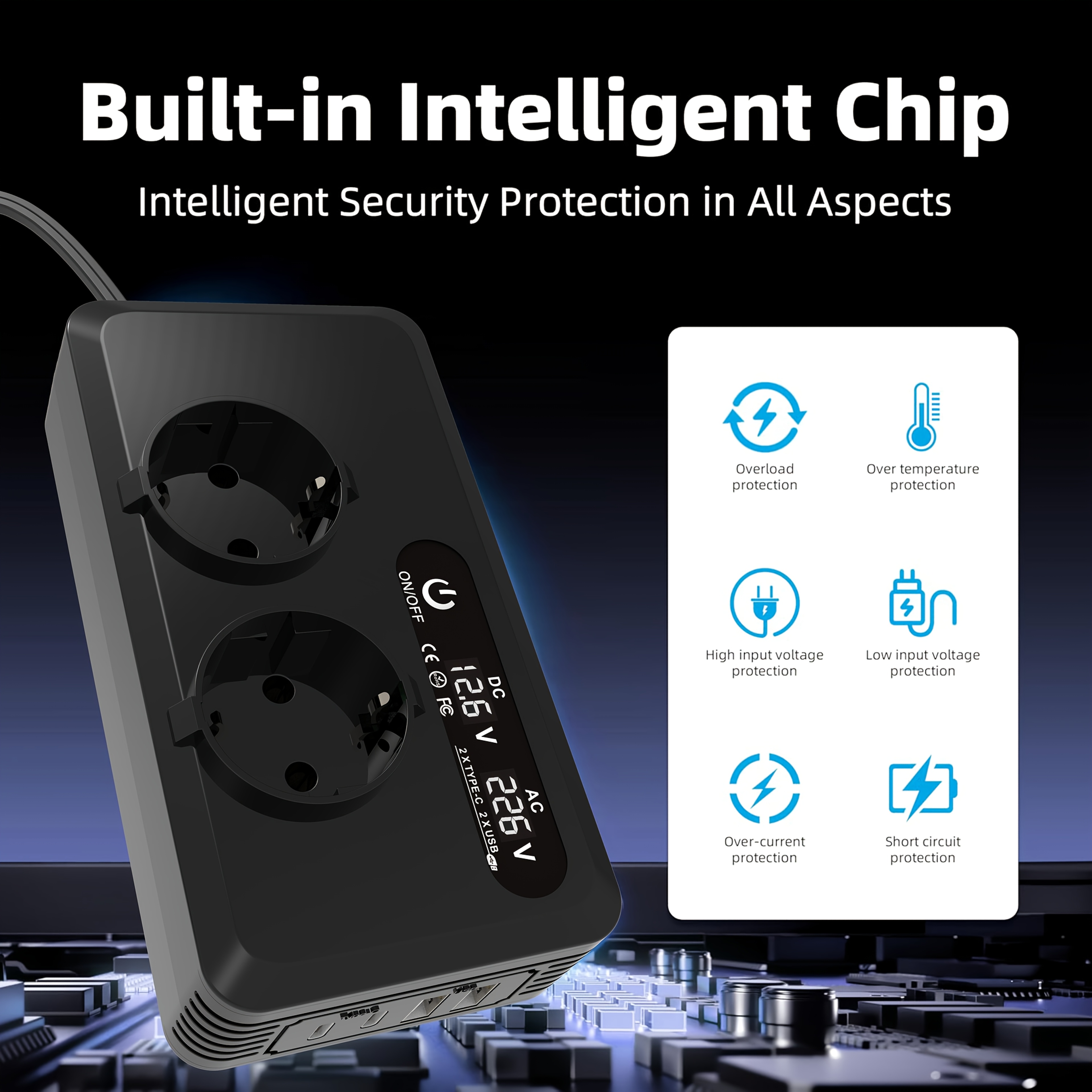 Onduleur de Puissance pour Véhicule 400W Convertissant DC 12V en AC 230V, avec Adaptateur de Voiture et 2 Ports USB, 2 Ports Type-C, un Écran LCD et des Prises AC, Conçu pour l'UE