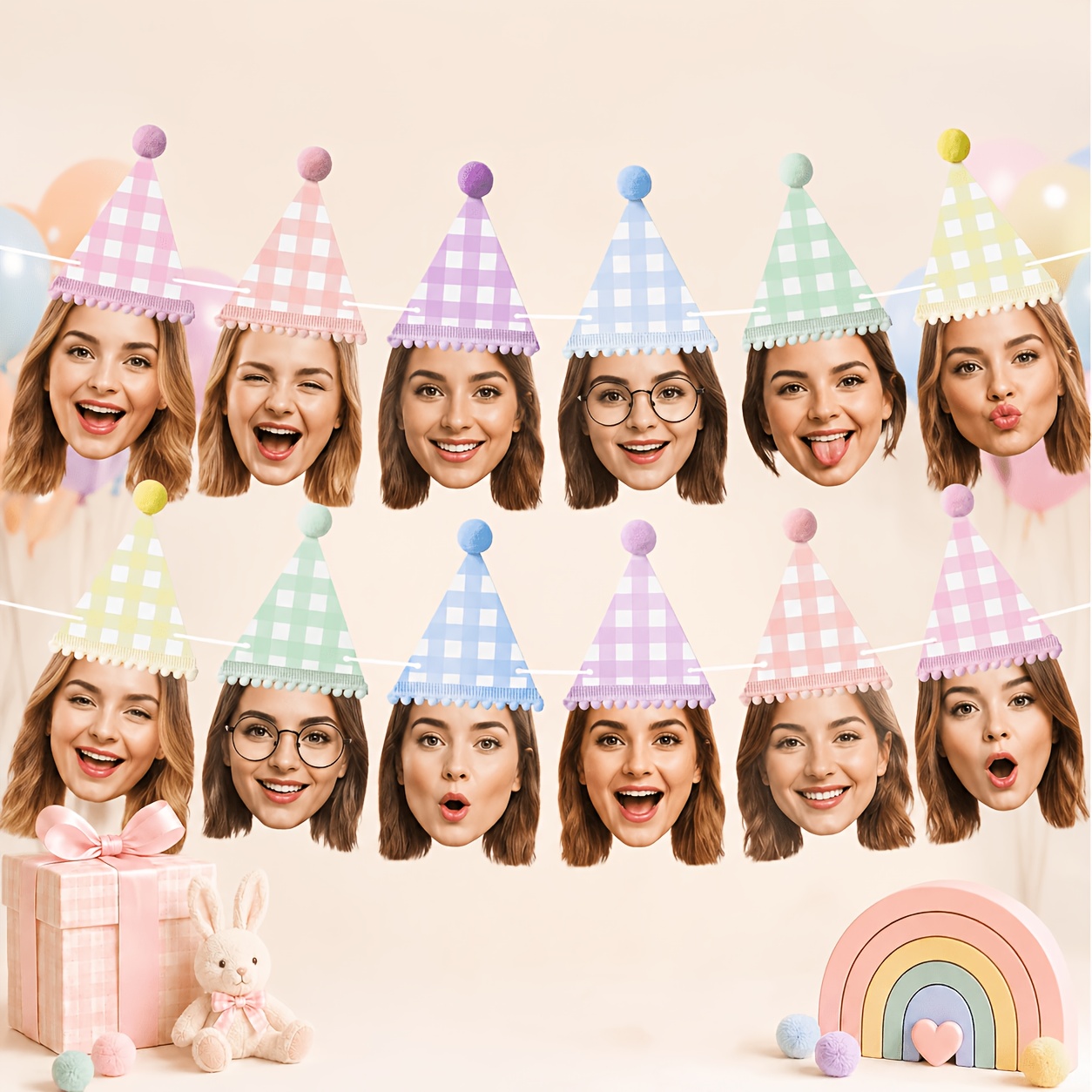 TEMU 1set Face Photo Birthday Party Banner, Decoration, Premium Cardstock Material Garland With Colorful Party Hat Face Cutouts And Photo Booth