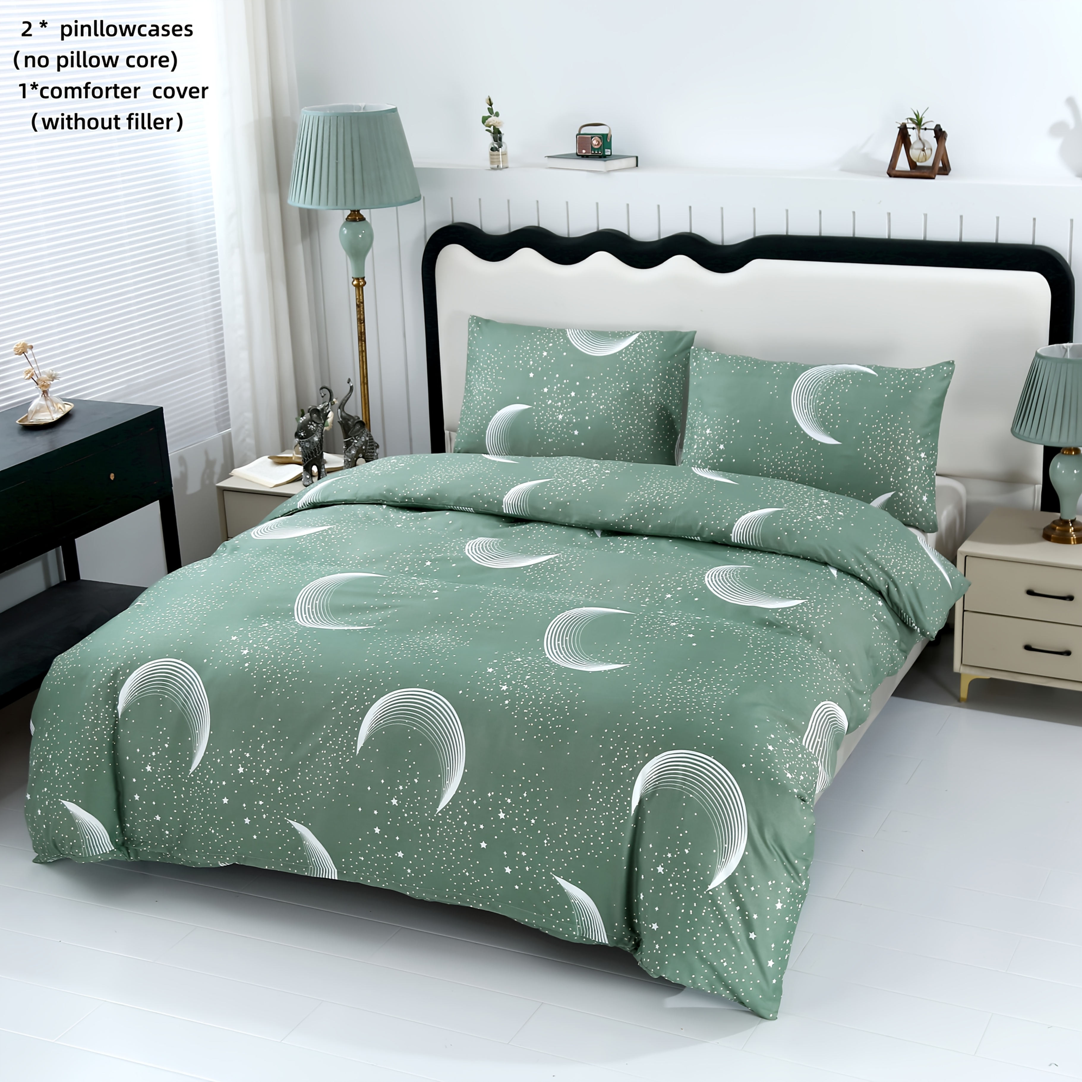 Image of 3pcs Irregular Cute Bedding (one Duvet Cover, 2 Pillowcases), Fresh Geometric Large Moon, Star, And Polka Dot Print On Background, Soft, Breathable, And Comfortable, Suitable For Bedrooms And Hotels