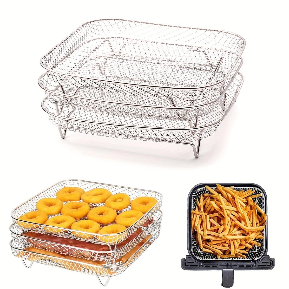 

3-tier Stainless Steel Air Fryer Accessory Set - Square French Fry & Bbq Grill Rack For Kitchen And Dining, Air Fryer Rack