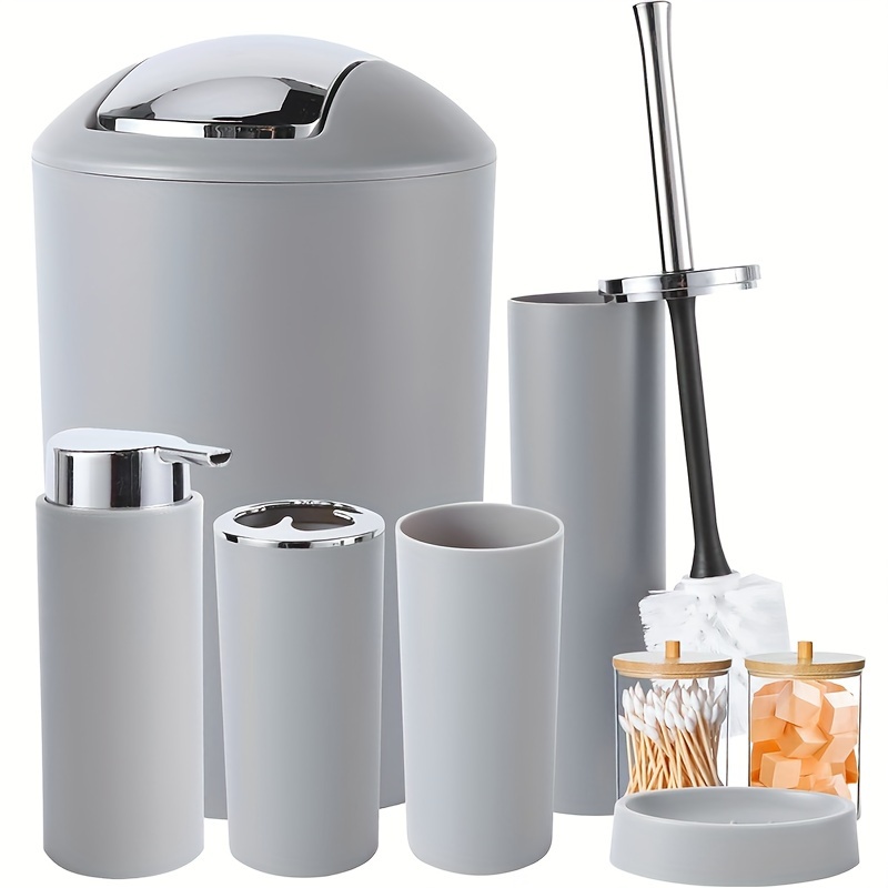 

8pcs Bathroom Accessories Set Grey Bathroom Set With Trash Can, Toothbrush Holder Soap Dispenser Soap And Lotion Set Tumbler Cup Qtip Holder