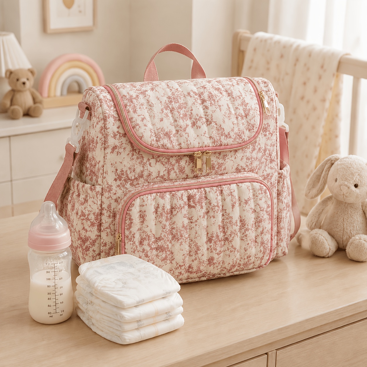 TEMU 1 sac à dos matelassé floral vintage pour maman, sac léger de grande avec support de poussette, organisateur de biberons et de couches de