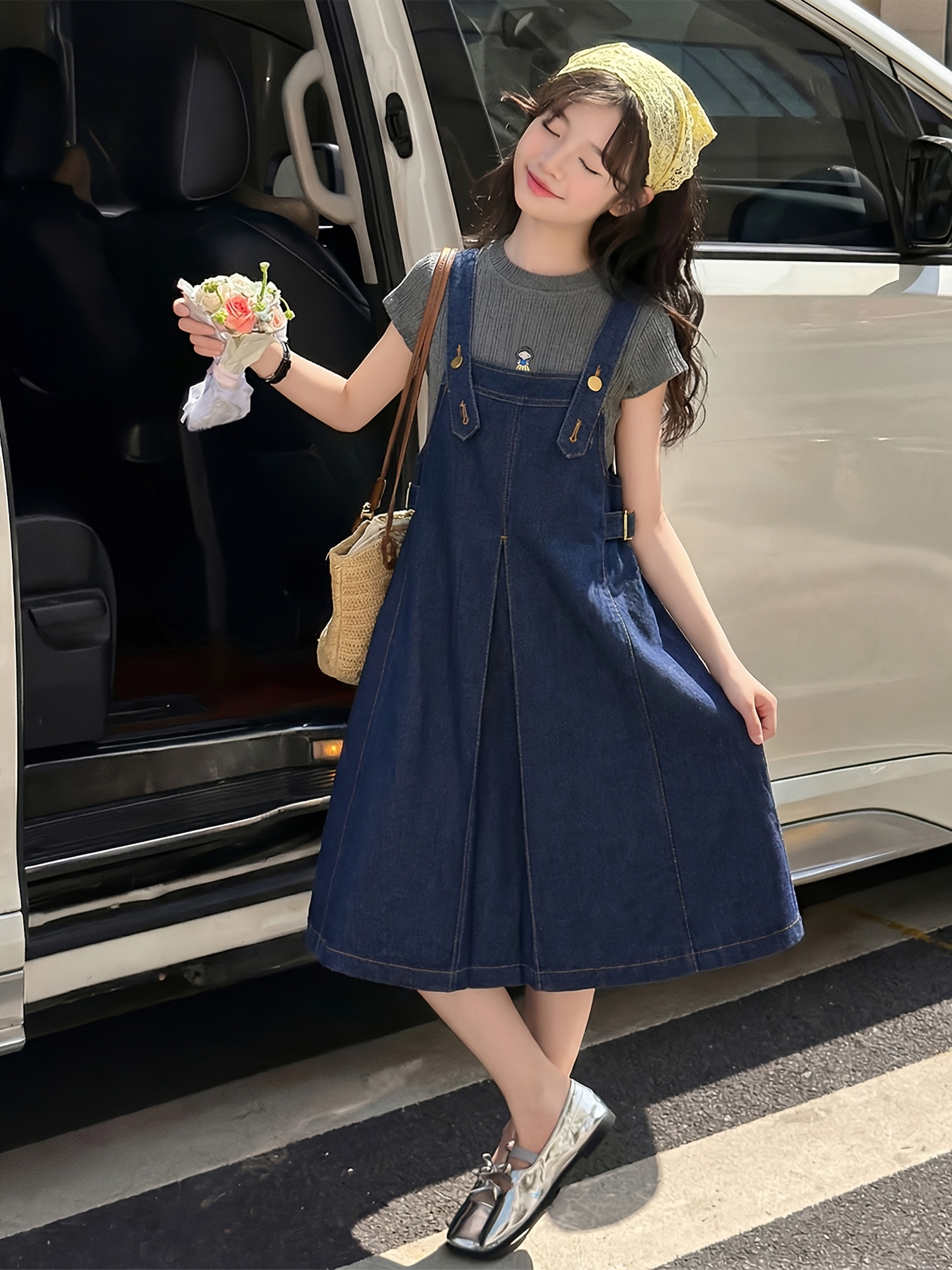 ladies denim pinafore dress Women Denim Jumper Dress with Adjustable Ties Button Front Pocket Denim Bib  Overall Cotton Jean Maxi Pinafore Dress