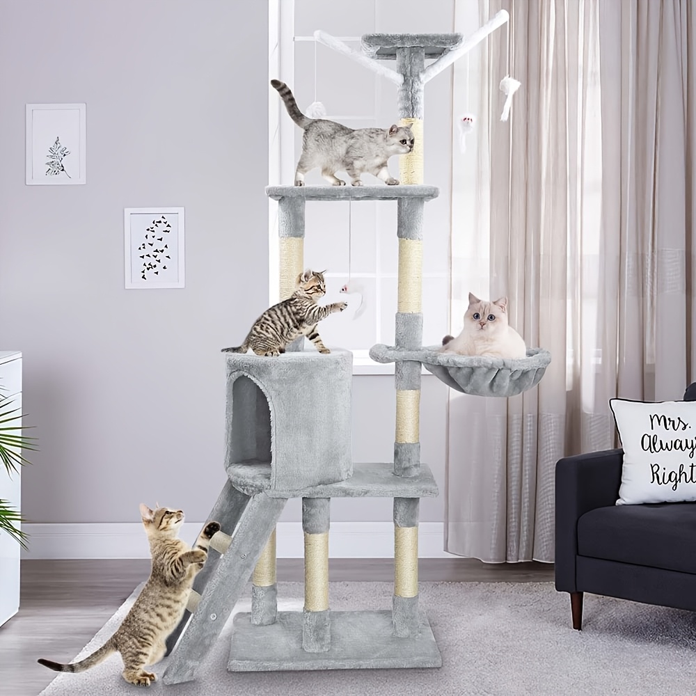140cm Turn pentru Pisici cu Scară, Turn de Cățărat pentru Pisici, Mobilier de Activitate pentru Animale de Companie, Casă de Joacă, Pat Pufoasă Detașabilă, Gri