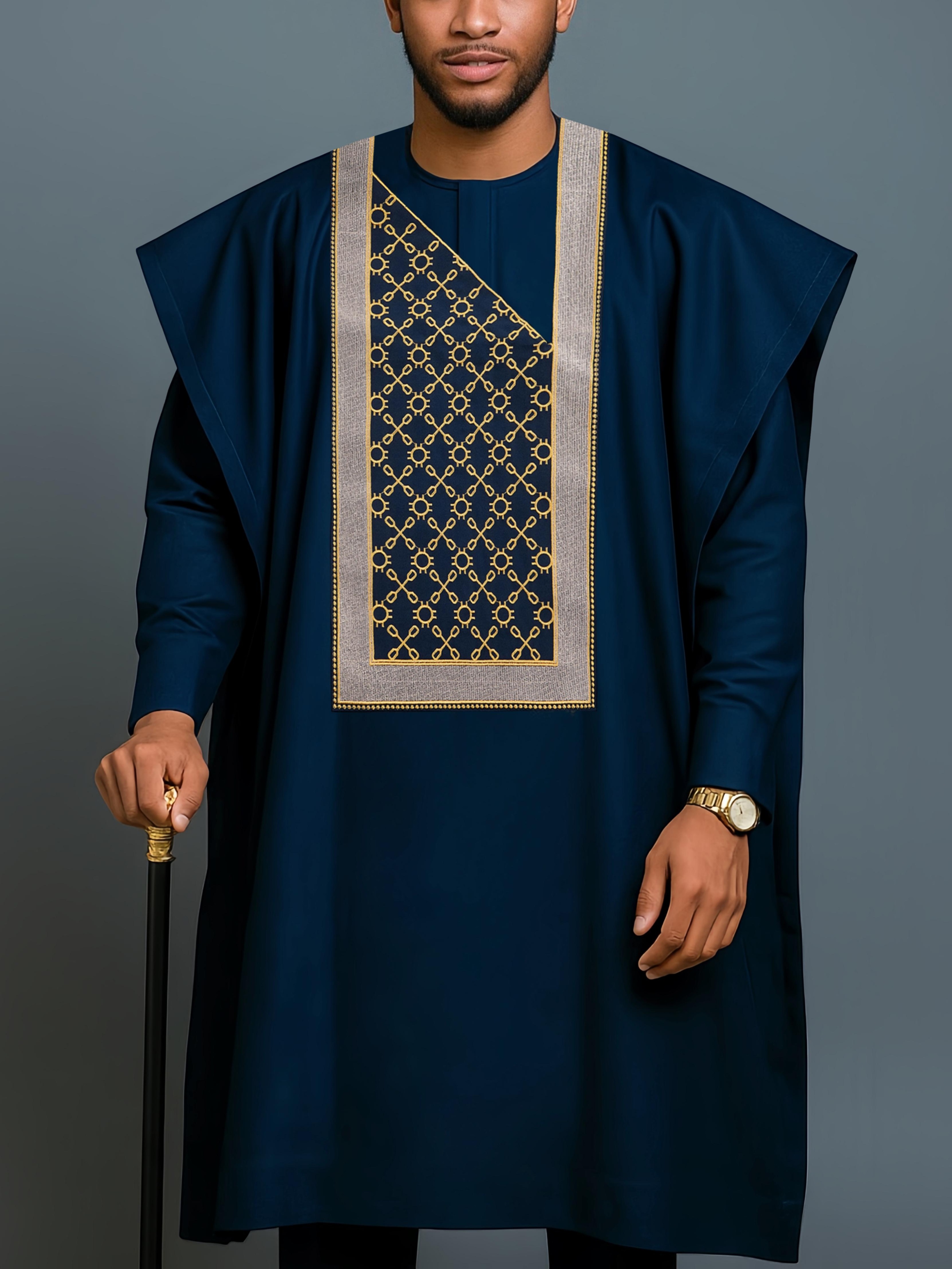 Men's Agbada 3pcs Set, Embroidered Pattern, Crew Neck, Hidden Buttons, Slit Hem with Pockets, Ethnic Pattern Robe, Long-Sleeve Shirt, Drawstring Elastic Waist Pants, Suitable for Banquets, Birthdays, Gatherings, Weddings, Holiday Celebrations, Dates
