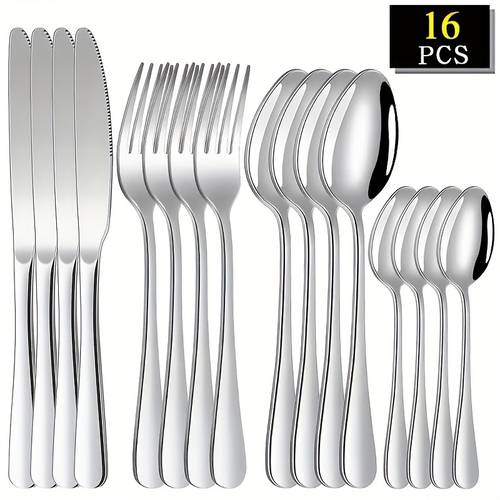 16pcs silvery stainless steel flatware set serves 4 dinner knives forks soup spoons and teaspoons mirror polished suitable for home kitchens restaurants wedding parties christmas halloween easter hanukkah