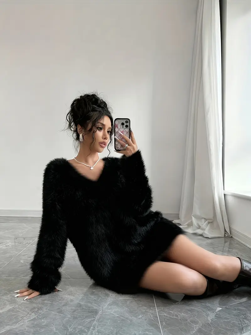 casual winter party dress for women Winter Women Warm Dress Elegant O Neck Simple Casual Loose Women Plush Divahotcouture