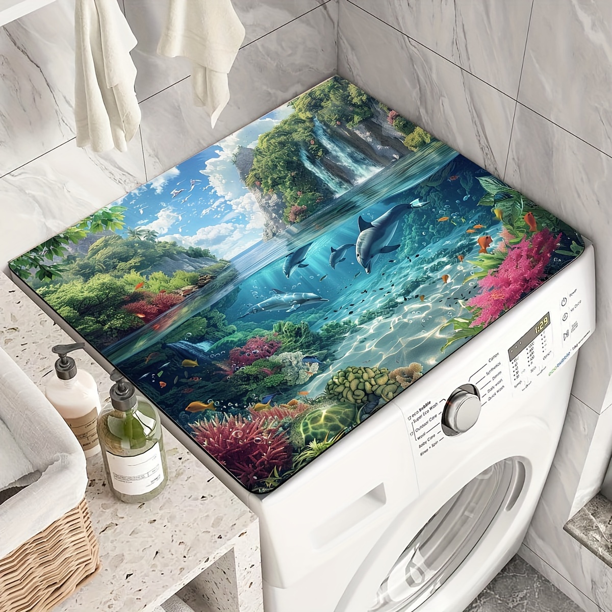 A Single Piece Of Tableware Drying Mat Featuring A Creative Dolphin Jungle Design, Suitable For Use As A Washing Machine Mat Or Dryer Mat. Made From Mud