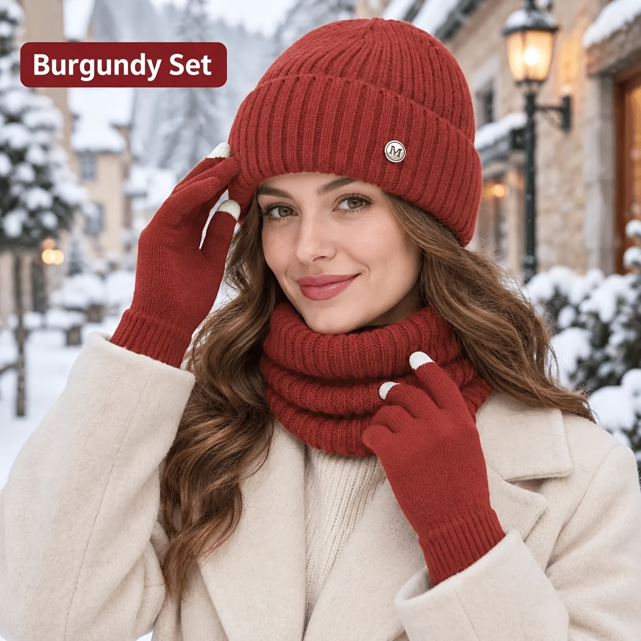 TEMU 3pcs Beanie, Neck Warmer & Gloves Set - Soft Ribbed Winter Accessories With Hat, Elastic Suitable For Daily , Outdoor Travel, Christmas Gifts,