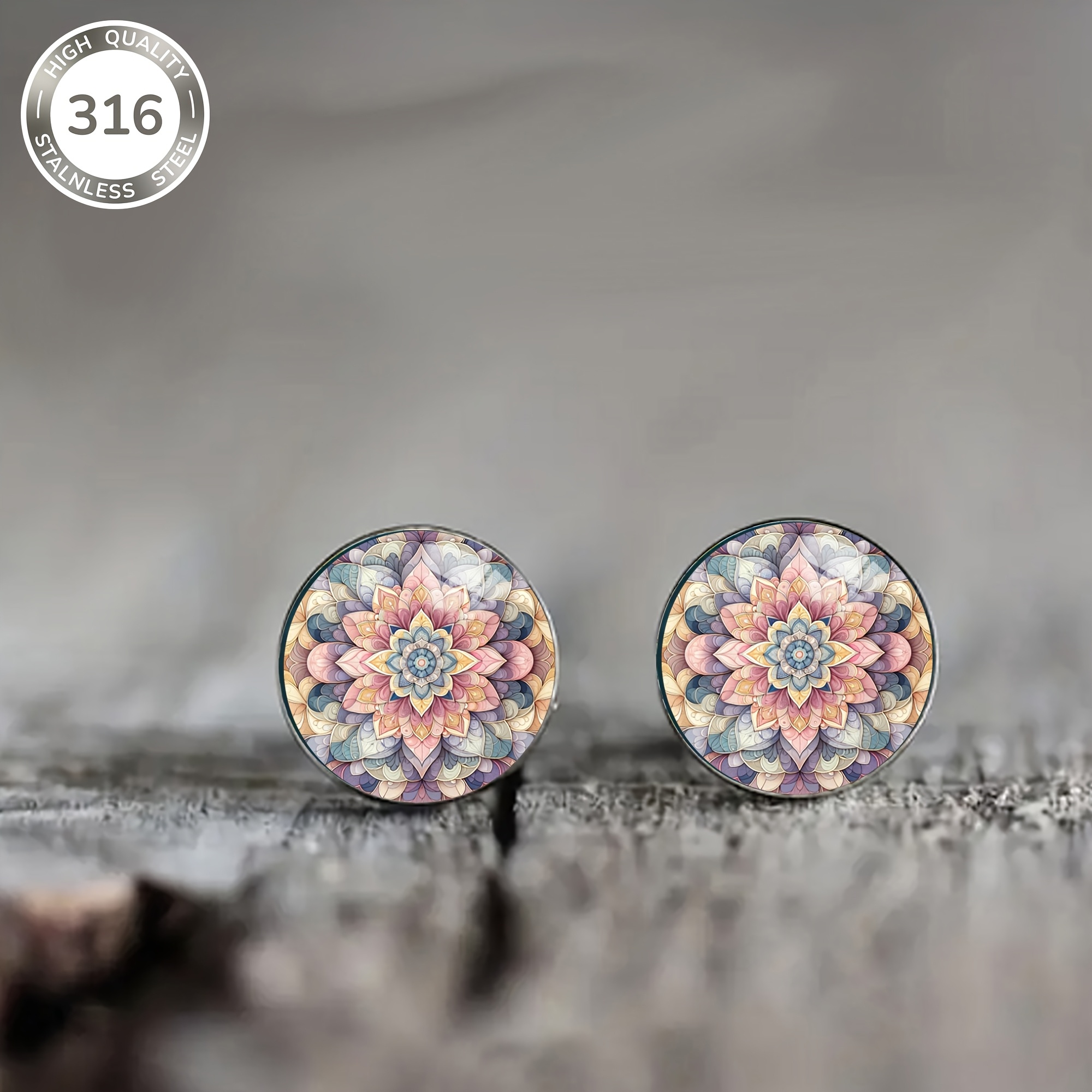 Image of 1 Pair Women's Bohemian Floral Mandala Earrings - Steel With Convex Glass Inlay, Colorful For Everyday & Party Wear, April Birthstone Jewelry, Flower Earrings, Vibrant