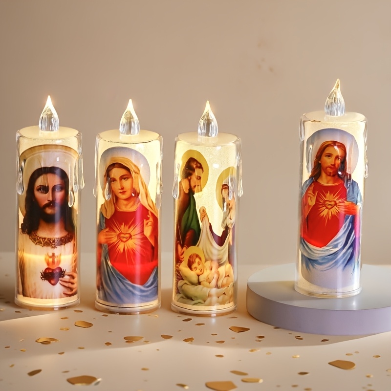 4pcs Religious LED Prayer Candles - Sacred Art Designs with Jesus, Mary, and Angels, Safe & Silent, Battery Operated, Perfect for Home Decor, Holiday, Birthday, and Church Ceremonies, Holiday Decor | Serene Atmosphere | Durable Plastic Candles, Christmas Decorations