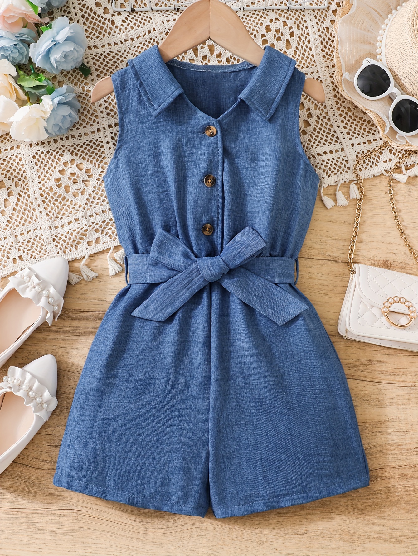 Elegant Basic Versatile Soft Crinkle Imitation Denim Cute Casual Romper Shorts, Perfect for Outdoor