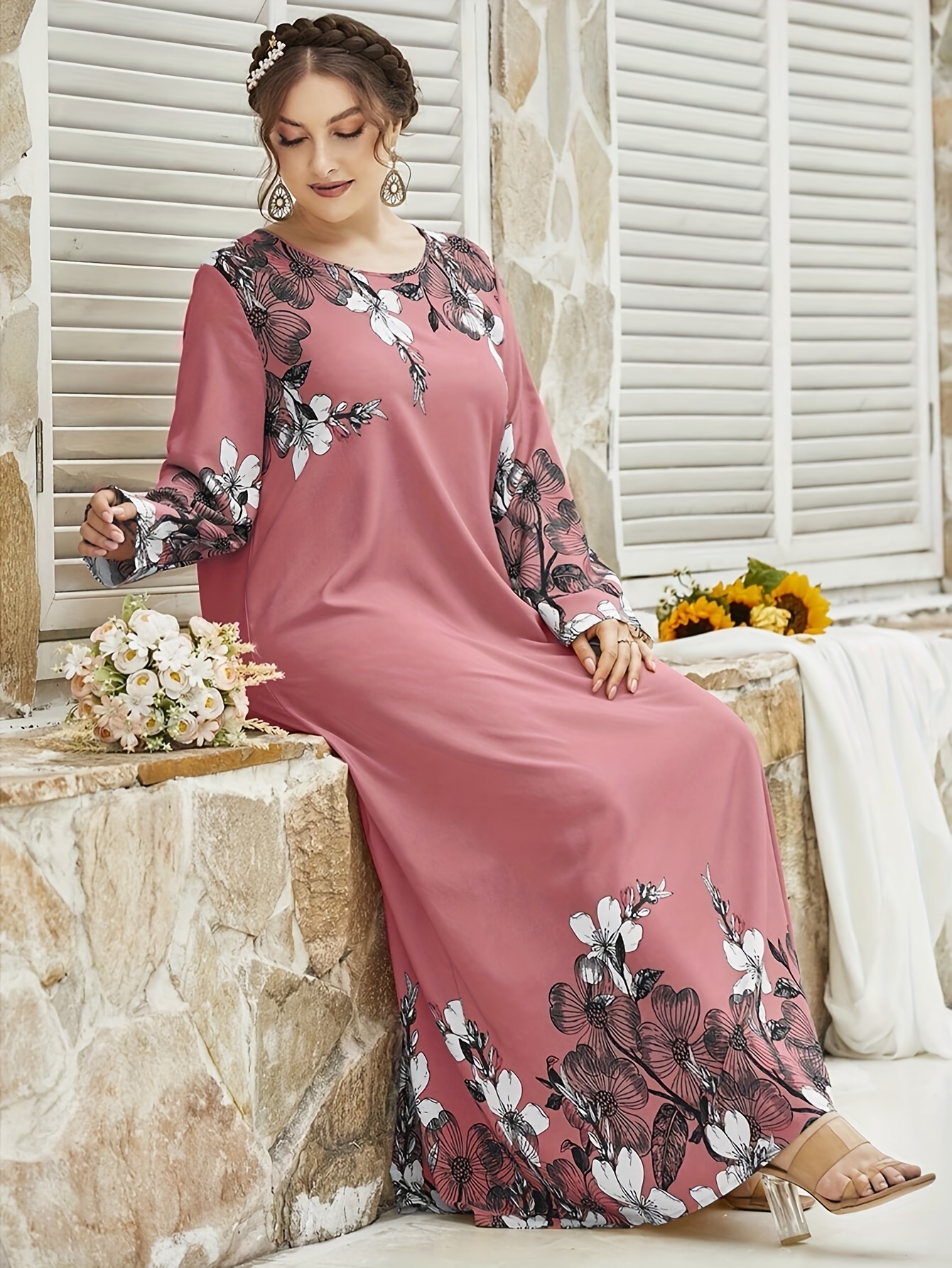 Floral Loose Fitting Summer Dresses Elegant Floral Print Maxi Dress Loose  Fit, Long Sleeve, Crew Neck,
