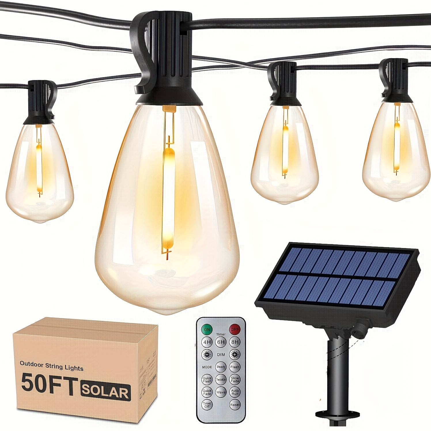 TEMU Solar Outdoor String Lights, 50ft/100ft, Solar Powered Outdoor String Lights, Dimmable Patio Lights With Remote Timer, 8 Light , Hanging Lights