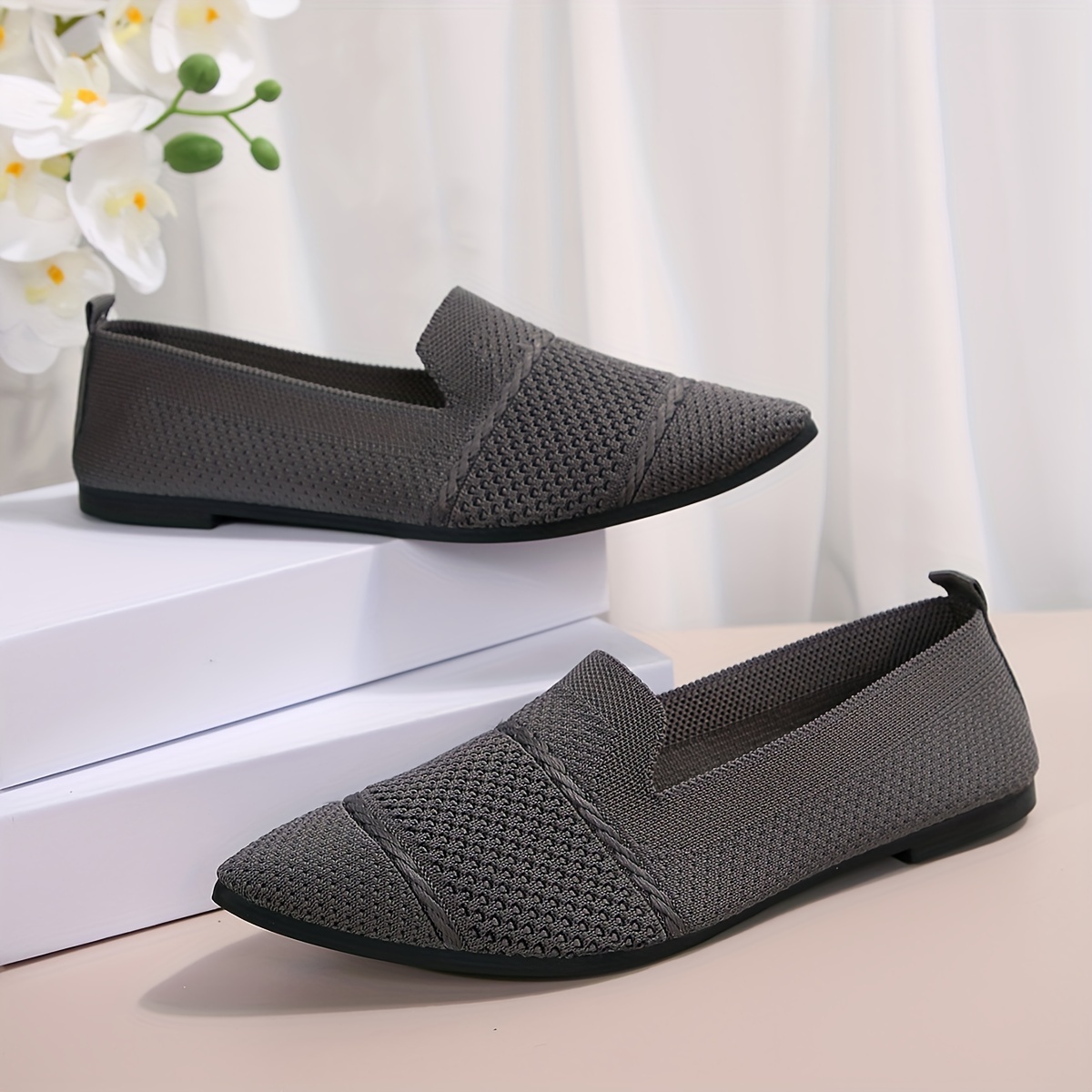 Elegant Ballet Flat Shoes For Women, Slip-On Breathable Soft Sole Daily Knitted Ballets, Point Toe Daily Wear