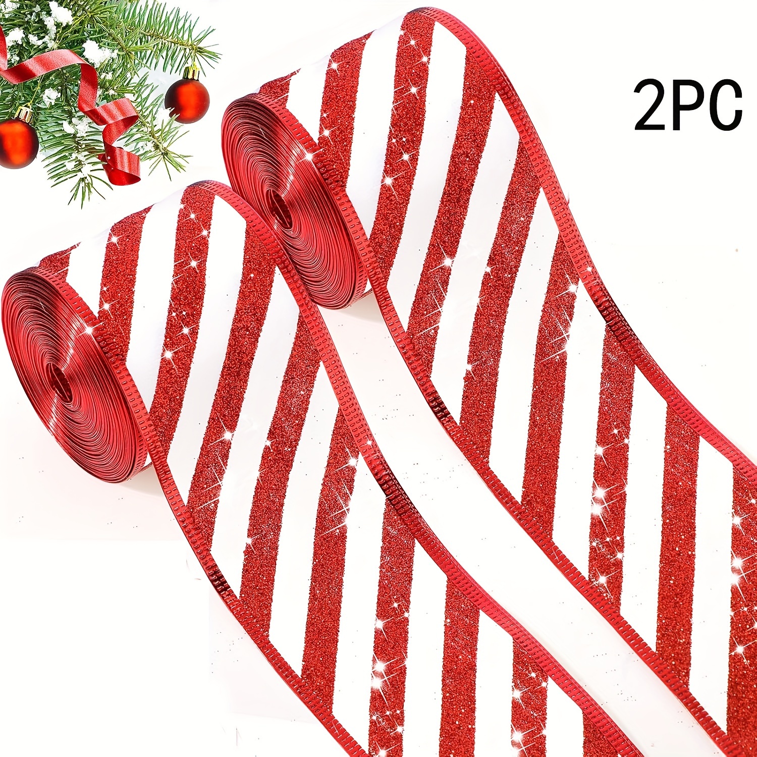 2 Rolls Glitter Christmas Ribbon Set, 2 Rolls × 5 Yards By 2.5 Inch Wide, Polyester, Striped, Wired Edge, For Gift Wrapping, Diy Crafts, Decoration